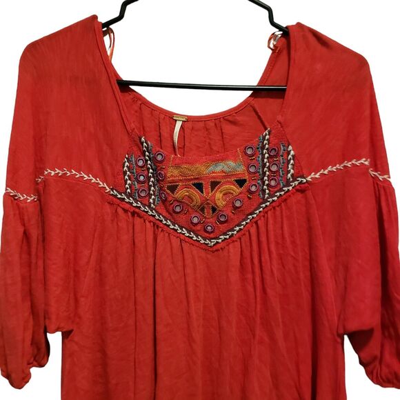 Free People Red Embroidered Boho Top Flowy Size XS - Picture 5 of 7